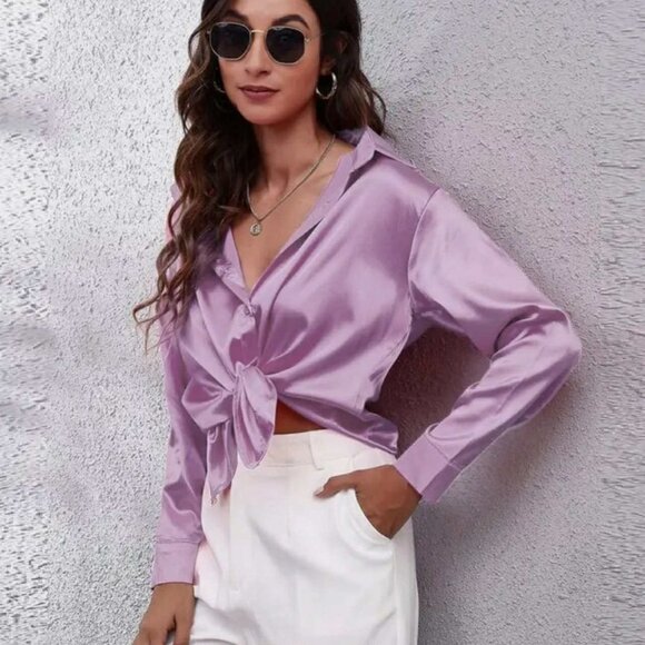Mod Sky Tops - Women's Brand New Silky Satin Button Down Lavender Blouse Size L